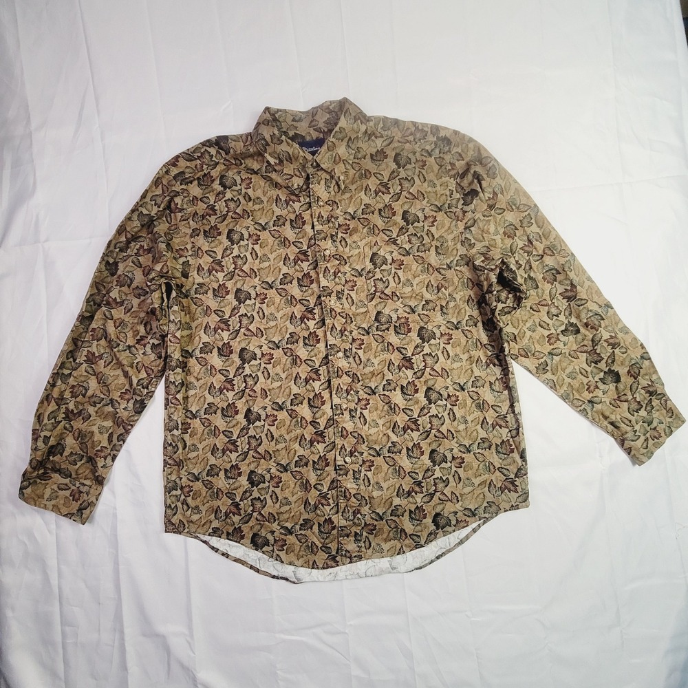 Catalina Men's Leaf Print Button Up Shirt Large Brown Tan Fall Long Sleeve G89
